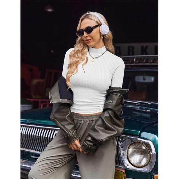 Women's Mock Turtleneck Long Sleeve Shirt Ribbed Knit Pullover Thermal Top - Picture 3 of 6